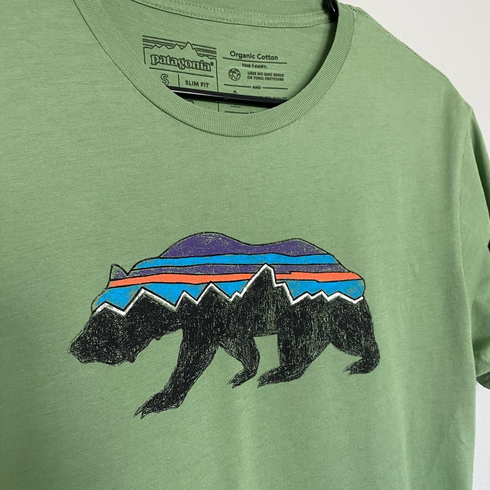 Men’s Patagonia Fitz Roy Bear Organic Cotton T-Shirt, Matcha Green, Small Size